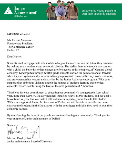 Junior Achievement Letter to Confidence Center 2013